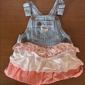 OshKosh B'gosh Denim and Floral Ruffle Skirt Overalls - Blue and Pink
